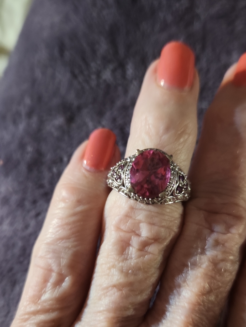Pink Oval Stone Filigree Cocktail Ring - Unbranded